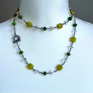 SILPADA|925 Sterling Silver Green Jade Olive Faceted Crystals 35" Oxidized Chain